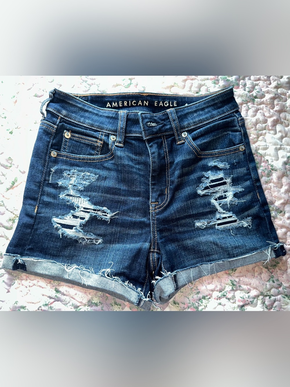 American Eagle High Rise Shortie Distressed Rolled Hem Denim Jean Shorts